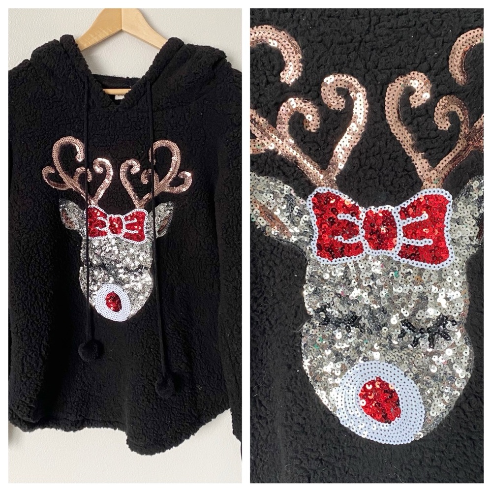 Chance Or Fate Black Sherpa Reindeer Sequined Christmas‎ Hoodie Top Womens Large